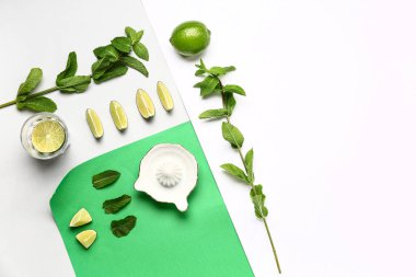 Hafif arkaplanda taze nane, kireç ve meyve sıkacağı ile kompozisyon