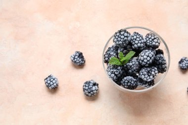 Bej grunge arkaplanda donmuş böğürtlen ve nane yaprakları