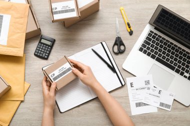 Masada dizüstü bilgisayarı ve paketi olan kadın bir postacı.