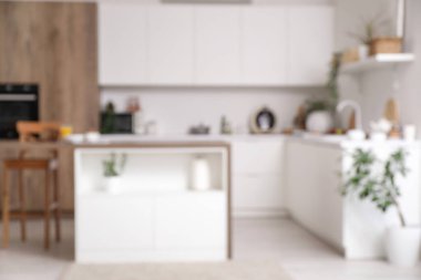 Tezgah, masa ve bitkilerle aydınlık mutfağın bulanık görüntüsü