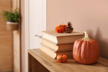 Farklı balkabaklarının orman çıkıntısı ve klozet üzerine kitaplar şık oturma odasındaki bej duvarın yanında, yakın plan