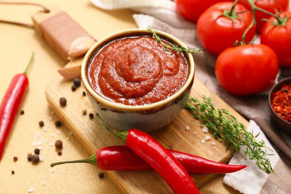 Чаша соуса чили и различные ингредиенты на желтом фоне