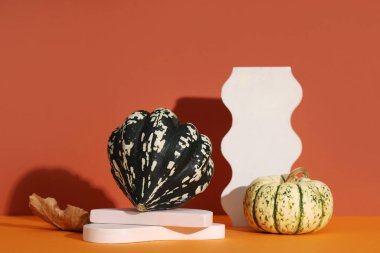 Taze balkabaklarıyla dekoratif podyumlar ve renkli arka planda sonbahar yaprağı