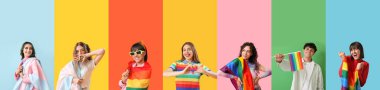 Renk arkaplanında bayrakları olan genç LGBT çalışanları kolajı