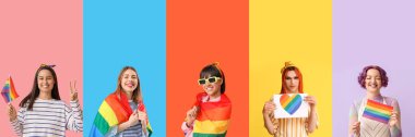Bayrakları renkli genç LGBT kadınlarının kolajı