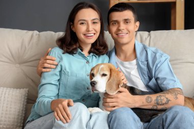 Evde sevimli Beagle köpeği olan genç bir çift.