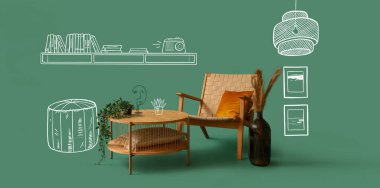 Yeşil arka planda rahat koltuğu olan oturma odasının içi çizilmiş.