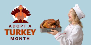 Açık mavi arka planda kavrulmuş hindi yiyen kadın aşçı. Türkiye 'yi Evlat Edinme Ayının Sancağı