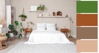 Yatak odasının içinde rahat bir yatak odası ve farklı dekorlu raflar var. Farklı renk desenleri