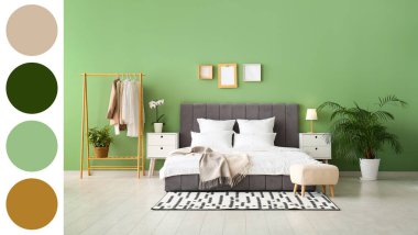 Rahat bir yatak, şık bir yatak odasında giysi askısı ve komodinleri. Farklı renk desenleri