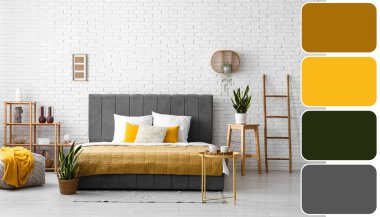 Şık yatak, ev bitkileri, güzel yatak odasında puf ve raf ünitesi. Farklı renk desenleri