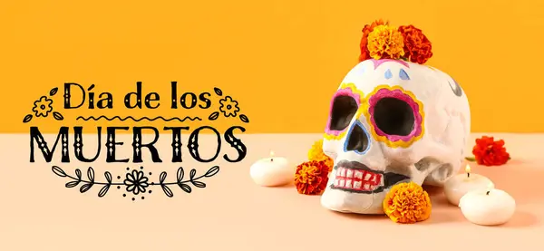 stock image Greeting banner for Mexico's Day of the Dead (El Dia de Muertos) with painted skull, candles and flowers  