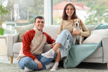 Evde sevimli Beagle köpeği olan genç bir çift.