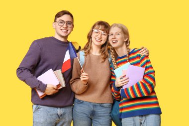 Sarı arka planda Fransız bayraklı bir grup öğrenci.