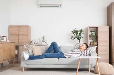 Evdeki kanepede klimalı yakışıklı bir adam yatıyor.