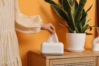 Oturma odasındaki çekmeceden kağıt mendil alan kadın.