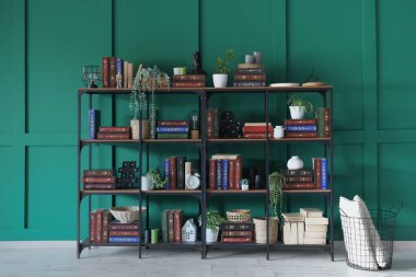 Yastıklı sepet ve içinde yeşil duvarın yanındaki kitapların olduğu raf ünitesi.