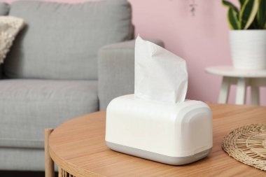 Oturma odasındaki sehpanın üzerinde seramik tutacağı olan mendil. Yakın çekim.