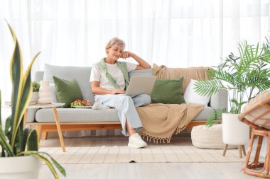 Olgun bir kadın evdeki yumuşak koltukta dizüstü bilgisayar kullanıyor.