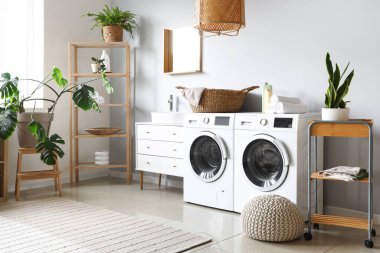 Çamaşır makineleri ve ev bitkileriyle dolu bir çamaşırhane.