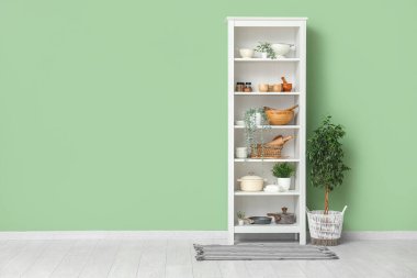 Mutfaktaki yeşil duvarın yanında bulaşık takımı ve bitkisi olan modern raf ünitesi.