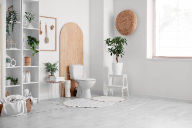 İçinde klozet, raf ünitesi ve bitkiler olan ışık tuvaleti.