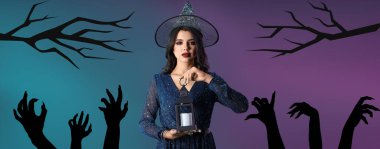 Cadılar Bayramı için elinde fenerle bayram afişi.