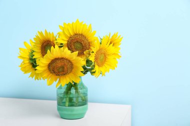 Vase with sunflowers on shelf near blue wall