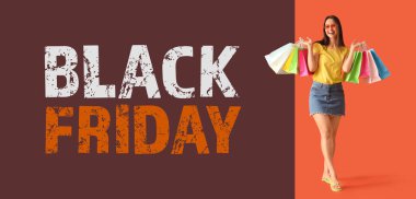 Beautiful young woman with shopping bags and text BLACK FRIDAY on color background
