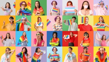 Renk arkaplanında LGBT bayrakları olan insanların büyük kolajı
