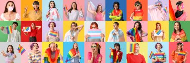 Renk arkaplanında LGBT bayrakları olan insanların büyük kolajı