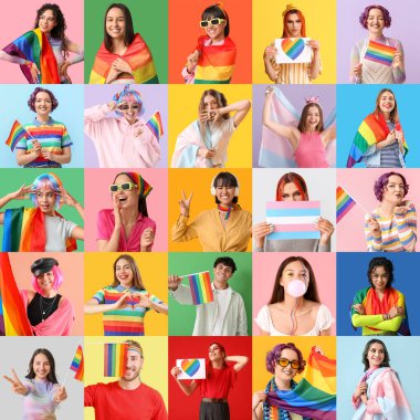 Renk arkaplanında LGBT bayrakları olan insanların büyük kolajı