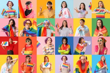 Renk arkaplanında LGBT bayrakları olan insanların büyük kolajı