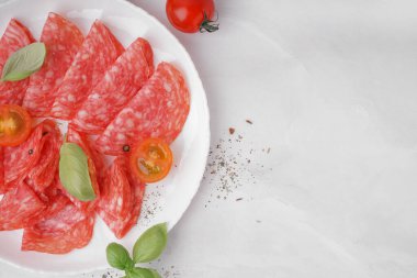 Plate with slices of tasty salami on light background