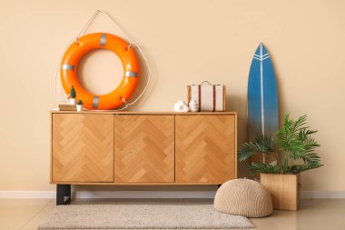 Çekmeceler, can simidi halkası, sörf tahtası ve oda bitkisi.