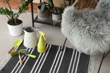 Oturma odasındaki halıda bahçe aletleri.