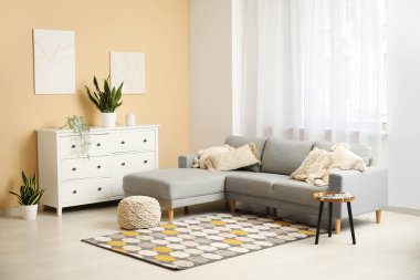 Tabloları, çekmeceleri ve kanepesi olan şık bir oturma odası.