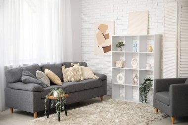 Tabloları, kanepesi ve raf ünitesi olan şık bir oturma odası.