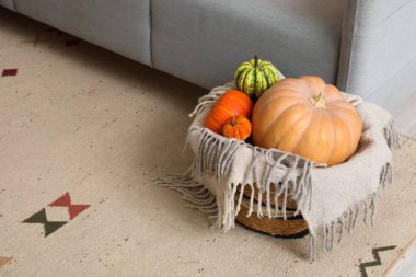 Oturma odasındaki kanepenin yanında farklı balkabakları ve battaniyeyle hasır sepet.