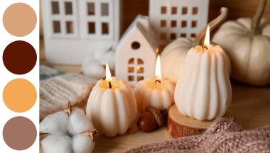 Mumlar, balkabakları ve ahşap arka planda sonbahar süslemeleri olan kompozisyon. Farklı renk örnekleri