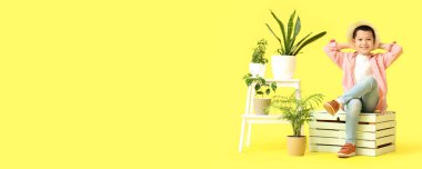 Sarı arka planda ev bitkileri olan şirin Asyalı çocuk mesaj atmak için yeri var.
