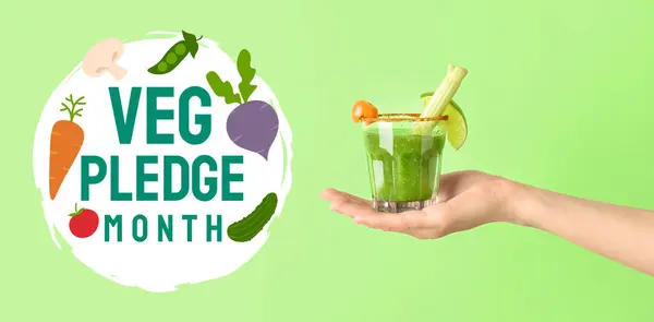 stock image Banner for Veg Pledge Month with hand holding healthy cocktail