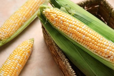 Bej arka planda taze mısır koçanları olan bir etiket kutusu.