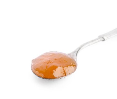 Tatlı Kayısı reçeli beyaz zemin üzerine kaşıkla