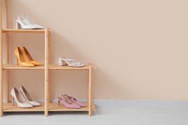 Butikte şık kadın ayakkabıları olan raf ünitesi.