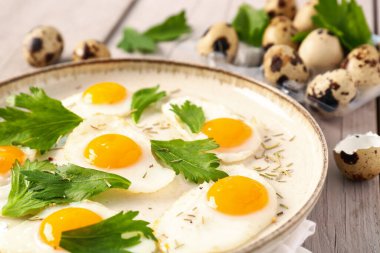 Gri ahşap arka planda kızarmış bıldırcın yumurtası ve maydanozlu tabak.