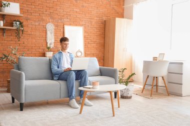 Evde kanepede dizüstü bilgisayar kullanan genç adam