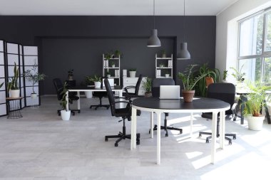 Masaları, raf üniteleri ve yeşil bitkileri olan modern ofisin içi