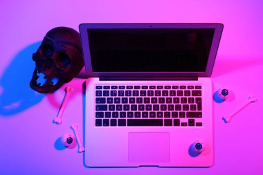 Renkli arka planda Cadılar Bayramı için modern dizüstü bilgisayar ve dekorasyonlar