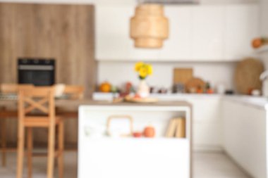 Masada sonbahar çiçekleri ve balkabaklarıyla aydınlık mutfağın bulanık görüntüsü